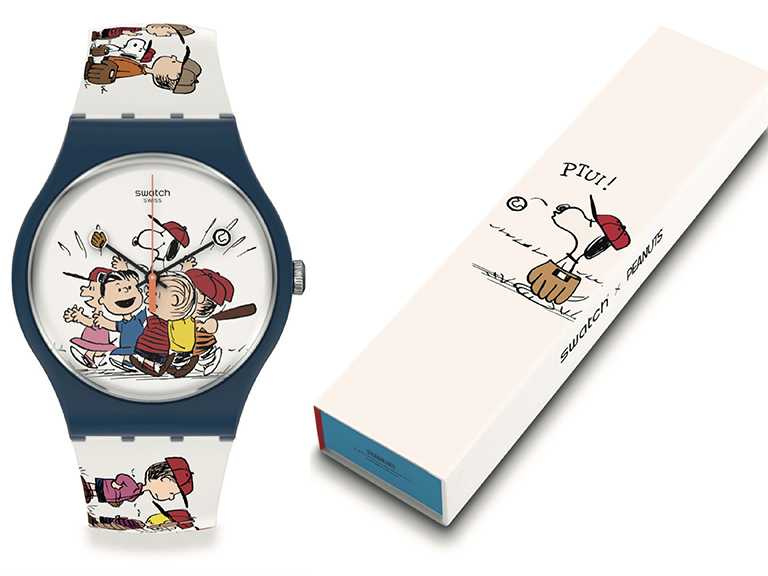 Swatch X Peanuts聯名系列腕錶，「First Base全員報到」錶款，41mm╱3,150元。（圖╱swatch提供）