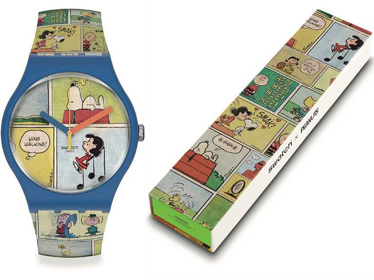 Swatch X Peanuts聯名系列腕錶，「SMAK!經典漫畫」錶款，41mm╱3,150元。（圖╱swatch提供）