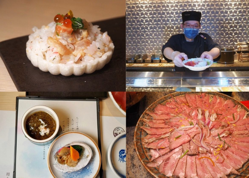 可請師傅現切生魚片（右上），也有各式小缽料理、華美壽司或「低溫牛肉冷制」等菜色。