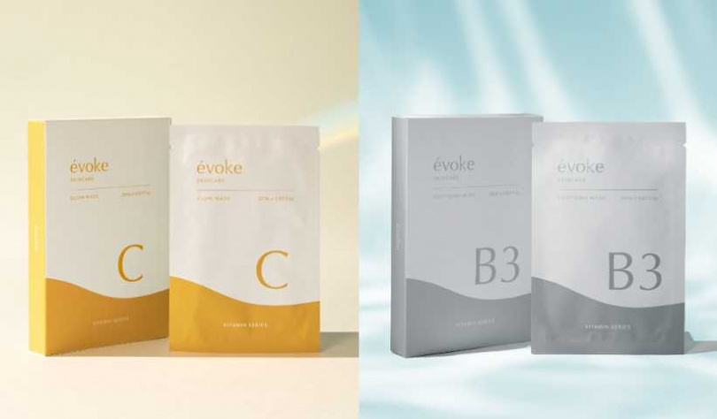 évoke 醒沐 維他命C水光面膜 5片／350元、維他命B3舒緩面膜 5片／350元（圖／品牌提供）
