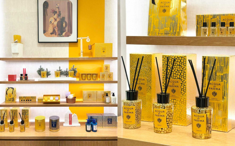 Acqua di Parma靜謐雪松金色假期限量版居家擴香180ml／4,500元、濃情潘尼金色假期限量版居家擴香180ml／4,500元、甜蜜托尼金色假期限量版居家擴香180ml／4,500元（圖／吳雅鈴攝）