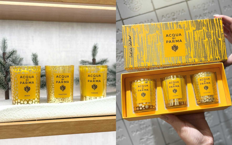 Acqua di Parma靜謐雪松金色假期限量版香氛蠟燭200g／3,400元、濃情潘尼金色假期限量版香氛蠟燭200g／3,400元、甜蜜托尼金色假期限量版香氛蠟燭200g／3,400元&金色假期香氛蠟燭禮盒70g x3／5,700元（圖／吳雅鈴攝）