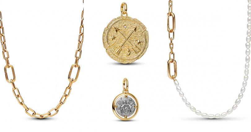 Pandora ME 鎖鏈圈項鏈／8,280元，命運之箭特大勳章吊飾／4,080元，邱比特勳章吊飾／2,280元，Pandora ME 人工淡水養殖珍珠細項鏈／10,580元（圖／品牌提供）