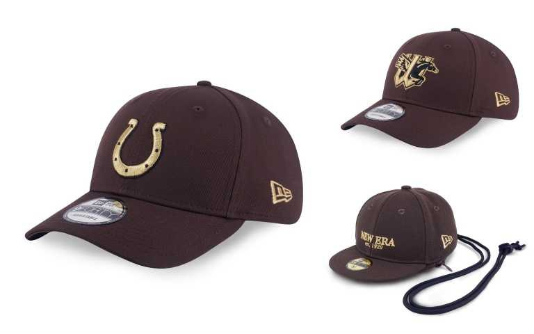 New Era 940 YEAR OF THE HORSE帽子印第安納波利斯小馬核桃/1,380元。New Era 940 YEAR OF THE HORSE 威奇塔暴風潮 核桃 /1,380元、New Era帽扣袋YEAR OF THE HORSE核桃/1,380元。(圖/品牌提供)