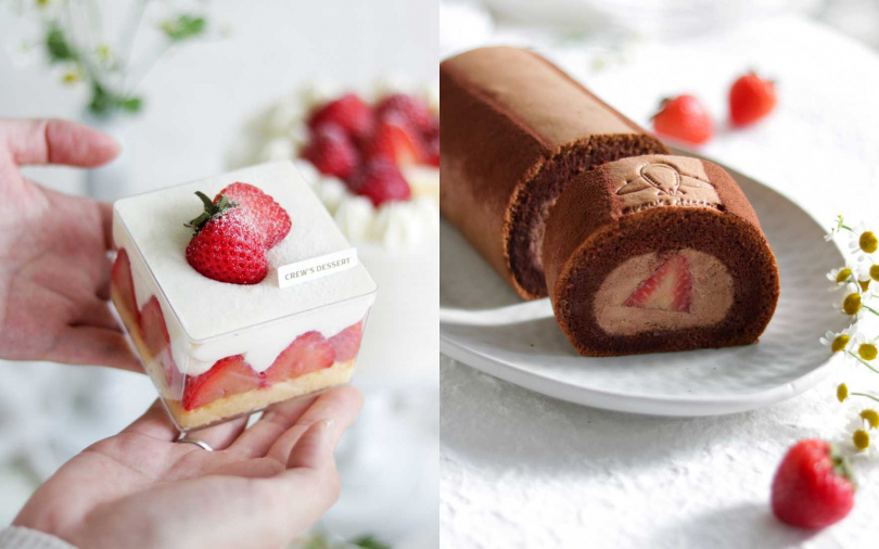 初戀草莓盒子蛋糕$400、生巧克力草莓生乳捲$860。（圖／空服員手作甜點提供）