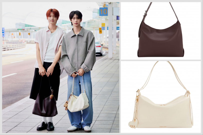 崔立于以CHARLES & KEITH Rey肩背包(奶油色)2,790元、貴賓狗吊飾690元,以及PEDRO Fleet運動鞋(石灰白)3,190元打造清新機場造型。姜玗進以CHARLES & KEITH Larsen大型流浪包(李子色)2,790元、橡果吊飾890元,以及PEDRO皮革莫卡辛樂福鞋(黑色)4,390元演繹率性秋季穿搭。(圖/品牌提供)