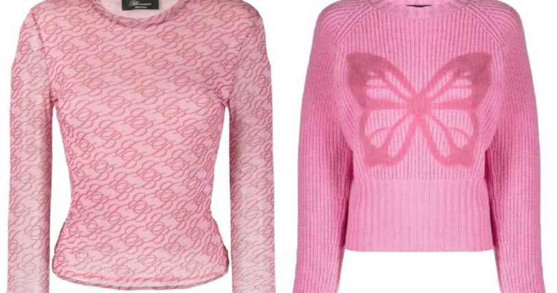 BLUMARINE粉色Logo印花T-shirt／22,800元、BLUMARINE粉色蝴蝶針織上衣／42,800元（圖／品牌提供）