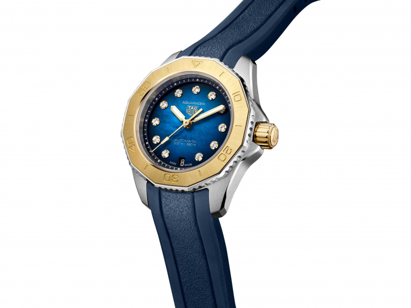 TAG Heuer Aquaracer Professional 200雙色半金腕錶－30毫米藍面黃金鑲鑽款／154,800元（圖／品牌提供）