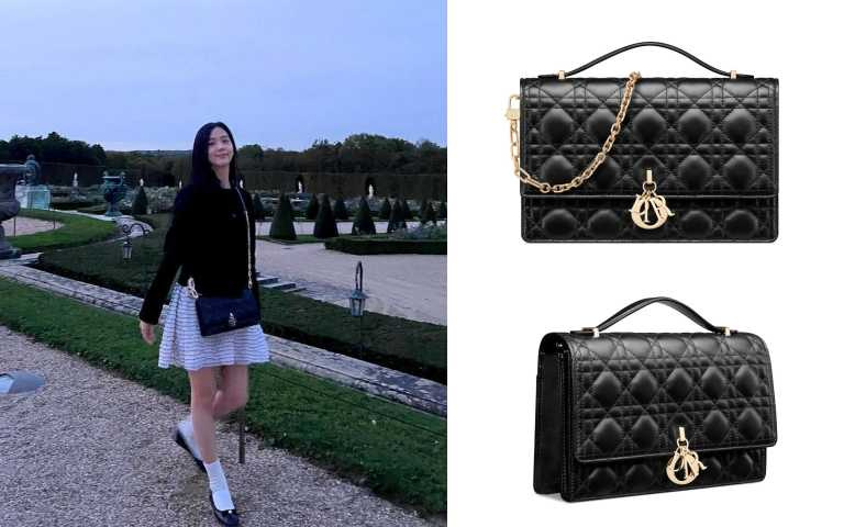Jisoo背的Miss Dior黑色籐格紋小羊皮提包／125,000元（圖／品牌提供、取自Jisoo IG）