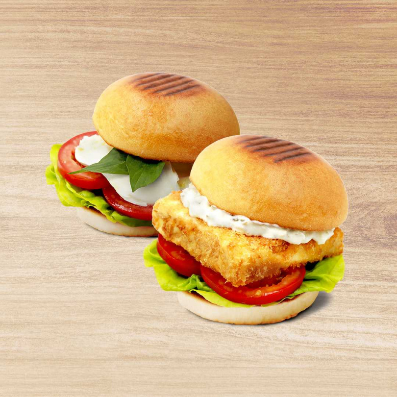 Blue Fish推出水牛卡布里漢堡和番茄鮮蔬豆腐堡，滿足消費者素食需求。（圖／品牌提供）