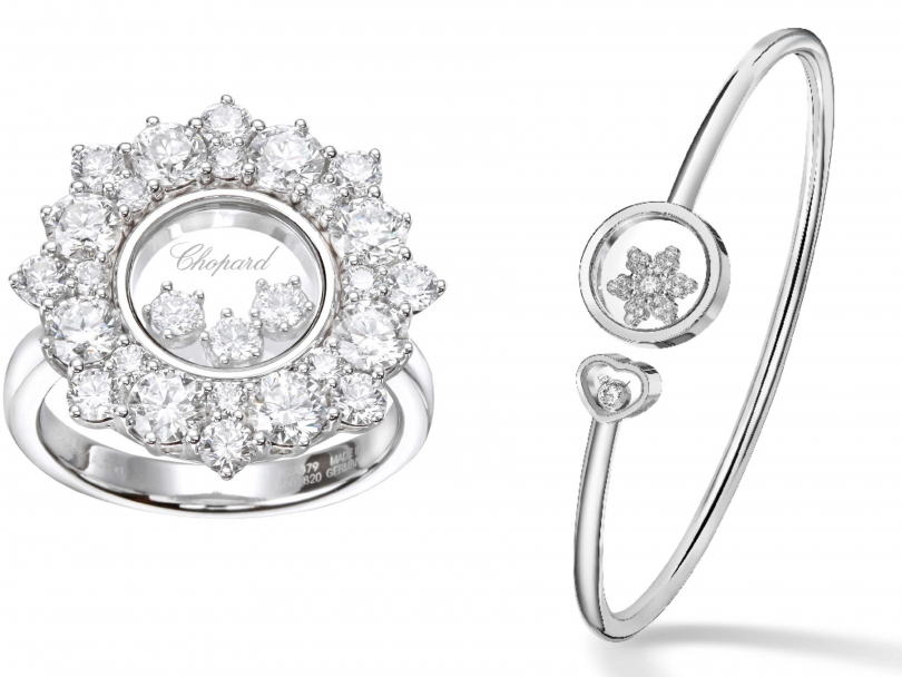 （左）Chopard「Happy Diamonds」18K白金鑲鑽戒指╱512,000元；（右）Chopard「Happy Snowflakes」系列18K白金鑲鑽手環╱153,000元（圖片提供╱Chopard）