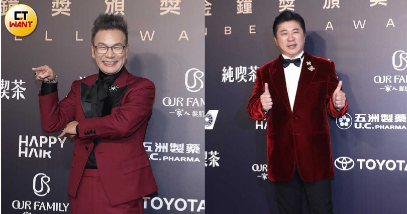 胡瓜與沈玉琳不約而同穿上勃根地紅色系西裝現身金鐘紅毯。(圖/本刊攝影組)