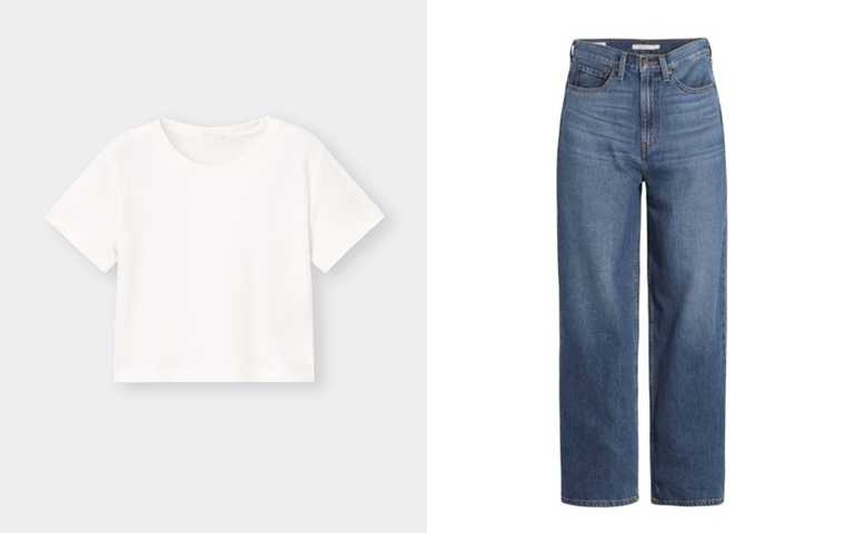 GU女裝棉質迷你T恤／390元、Levi’s® Cool jeans高腰寬褲／4,390元  因為上衣是短版設計，當妳抬起手起拿東西時，就會露出妳的纖細小蠻腰！（圖／品牌提供）