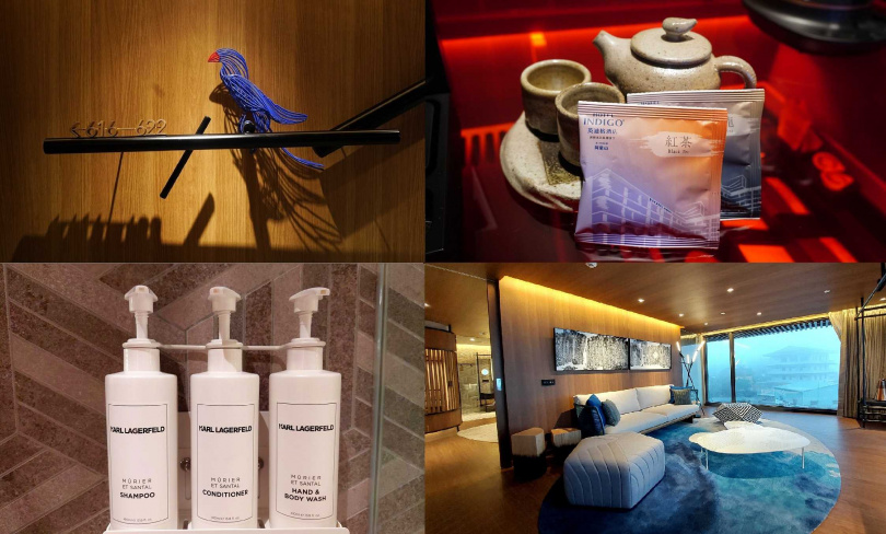 許多地方都融合台灣藍鵲元素，房內也備有藝術家林炎霖的紫灰志野茶具與Karl Lagerfeld沐浴備品，右下為擁有獨立客廳、僅有兩間的單臥室套房。（圖／魏妤靜攝）