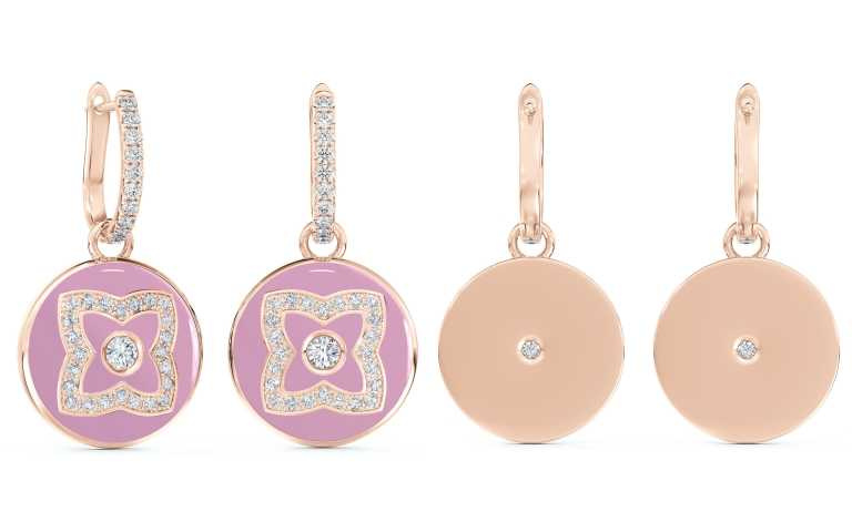 De Beers Enchanted Lotus 18K玫瑰金與粉紅色琺瑯鑽石垂墜式耳環(預計2023年4月上市)／價格店洽（圖／品牌提供）