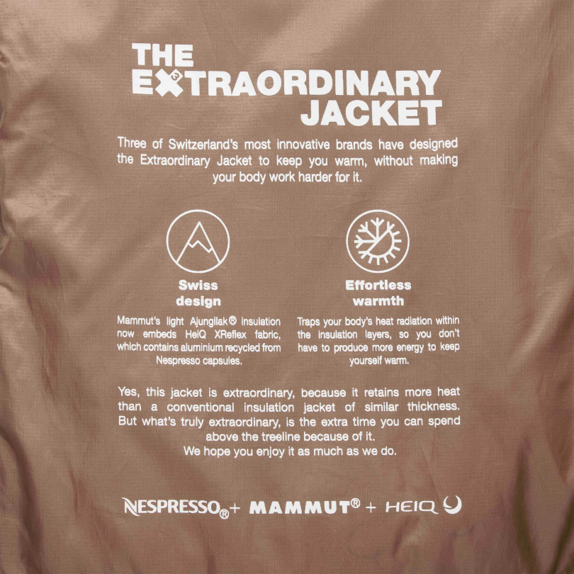 「Extraordinary Jacket」將Nespresso回收鋁製膠囊外殼熔製成外套內的保溫層，搭配超輕化纖材質，能夠多保留20％熱能。