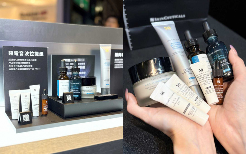 針對抗老的這組「電音波拉提組」可說是最強主打!裡面有超濃度CE緊緻修護抗氧化精華、A.G.E.極效賦活緊緻精華、A.G.E.普拉絲鏈活膚緊緻霜跟極致煥白防曬隔離乳,還加贈很多小樣贈品,只要79折18,621元就能入手喔。(圖/吳雅鈴攝)