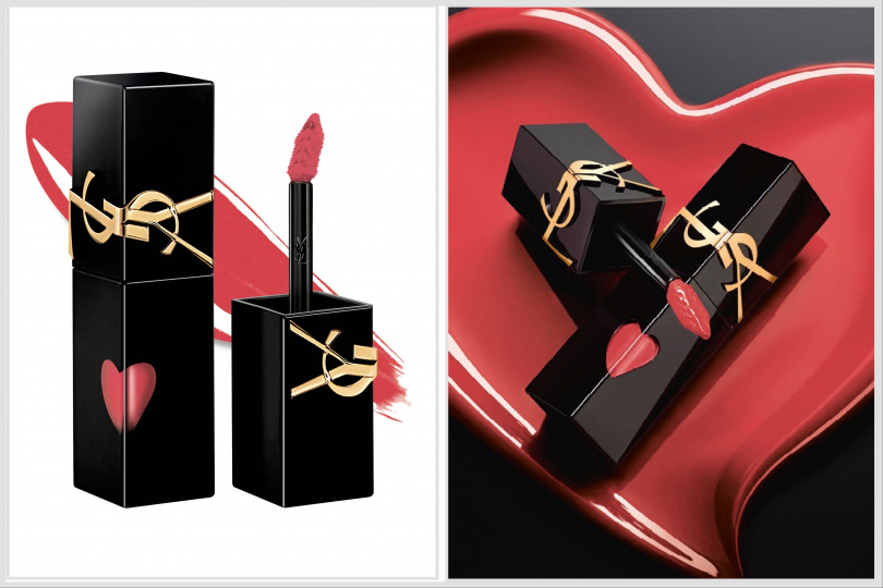 YSL「奢華印記鎖心光唇釉」主打#445輕粉呼喊(圖/品牌提供)