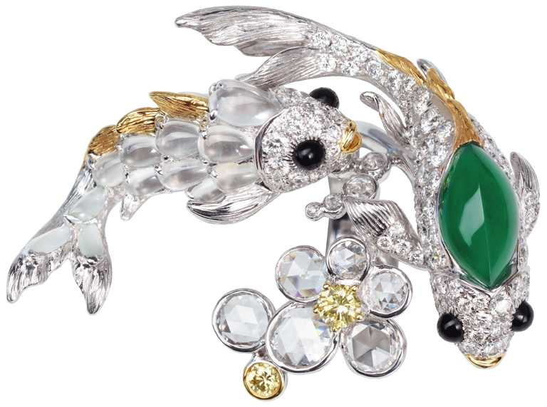 JHENG「錦鯉」系列，天然翡翠黃鑽石錦鯉戒指╱803,000元。（圖╱JHENGJEWELLERY提供）