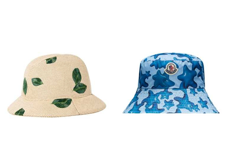 喜歡特殊圖紋印製的人>Longchamp 2022春夏服裝系列綠葉漁夫帽／12,300元、MONCLER漁夫帽淺藍色／13,600元（圖／品牌提供）