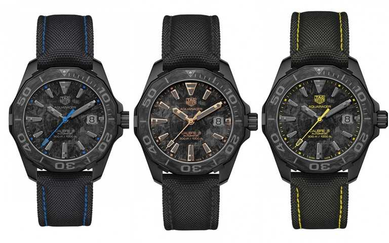 TAG Heuer泰格豪雅榮推碳纖維特別款腕錶，此系列碳纖維腕錶發布三個版本，分別以藍色、黃色和玫瑰金色元素點綴。