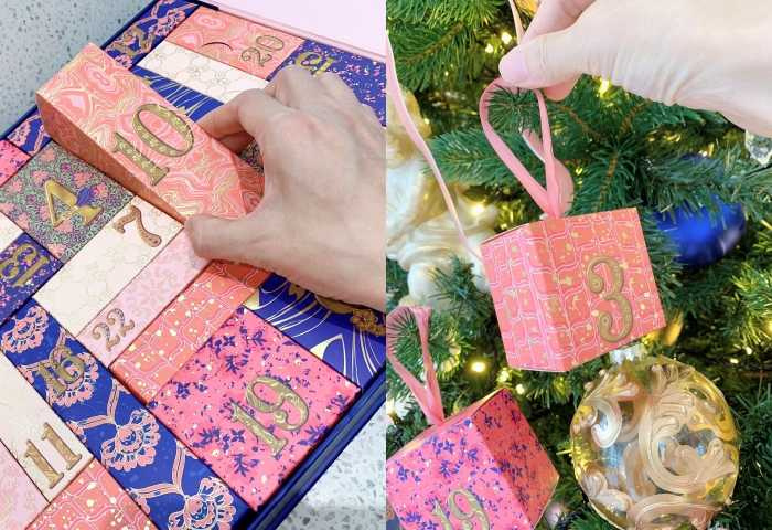 月曆裡的繽紛色彩紙盒還可以DIY當成聖誕樹掛飾。（圖／吳雅鈴攝）