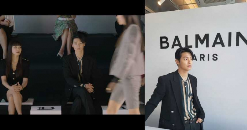 姜敏赫穿著 BALMAIN 經典鈕扣西外及條紋襯衫,率性演繹法式奢潮魅力。 (圖/截自姜敏赫個人 Instagram @mr_kanggun)