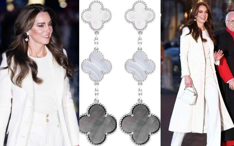 凱特王妃配戴的Van Cleef & Arpels梵克雅寶Magic Alhambra耳環,18K白金,珍珠母貝、藍玉髓、三枚吊墜。（圖／品牌提供、取自dresslikeaduchess IG）