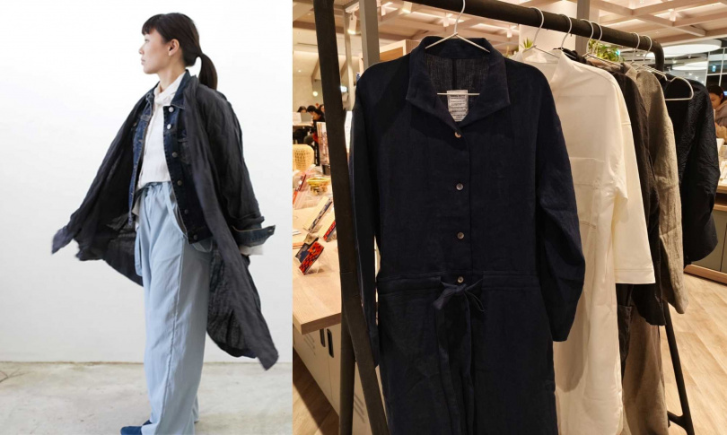 這次有4個服飾織品品牌參展,左為linenu works以斜角剪裁展現俐落線條的長版外套。(圖/魏妤靜攝、靜岡縣駐台辦事處提供)