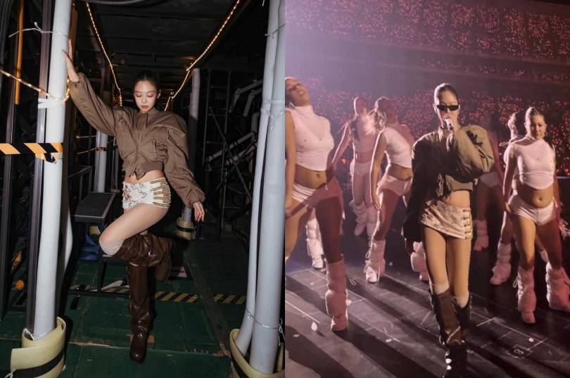 Jennie 東京演唱會 穿著 STAND OIL Trinity Slouch Boots 栗色靴款 (圖/品牌提供)