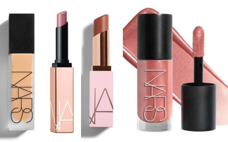 NARS 控輕霧粉底妝華 #DEAUVILLE #PUNJAB 30ml／2,150元、激情誘色腮紅露#QUE CALOR #FAST RIDE #ORGASM LUST 8.5ml／1,450元、激情乾後水光唇膏#DEVOTION 1.5g／1, 200元、激情乾後嫩唇膏 #CRUSH 3g／1, 100元（圖／品牌提供）