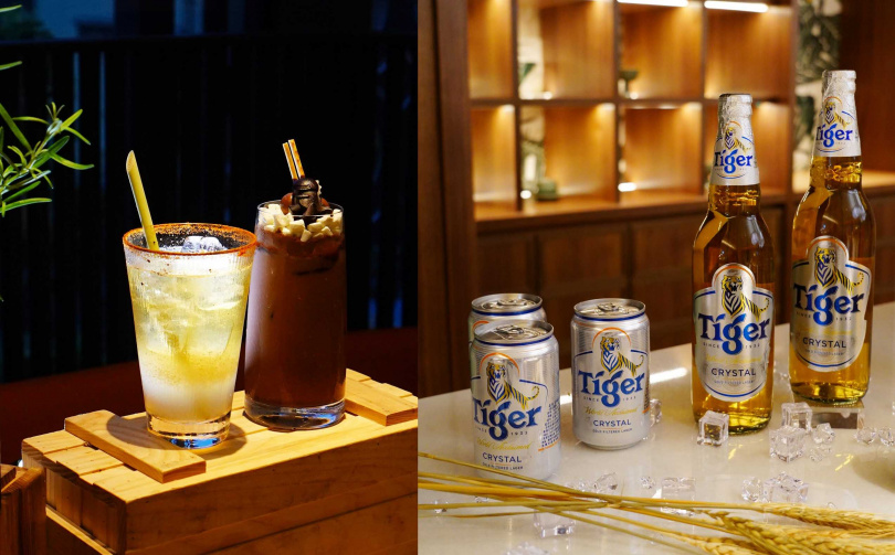 在好客可以喝到新加坡虎牌啤酒（右），及以虎牌冰釀啤酒調製的「洲際檬虎」（左圖左，340元），左圖右為新加坡另一特色飲品「美祿恐龍」。（240元，圖／魏妤靜攝）