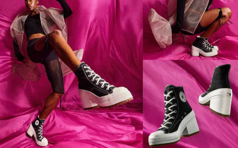 DE LUXE HEEL復古粗跟鞋將經典Chuck Taylor設計元素與個性鮮明的復古粗高跟相融合， 穩固的粗跟和鞋底，搭配經典Chuck 70的鞋面，造型高調有趣。（圖／品牌提供）