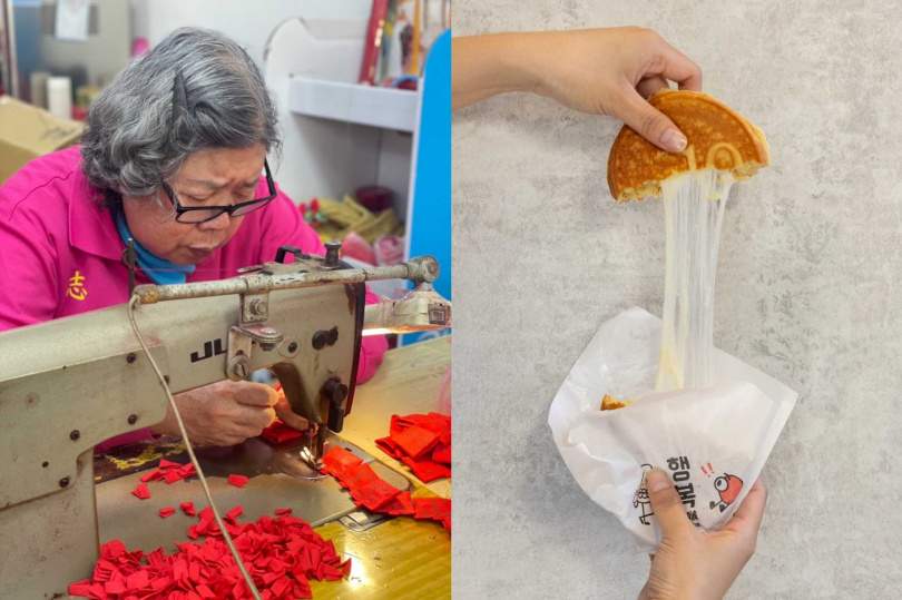 北港朝天宮千歲女團親手製作開運平安符(左),註冊這一鍋餐飲集團APP的人可獲得如韓啵「牽絲起司金幣燒」等菜品兌換券。(圖/這一鍋餐飲集團提供、楊澍攝)