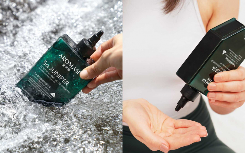 溫和潔淨是頭皮淨化液的重要關鍵，洗髮第一步驟使用流動性佳的頭皮淨化液-「艾瑪絲5α捷利爾頭皮淨化液」進行適當的溫和潔淨。（圖／吳雅鈴攝）