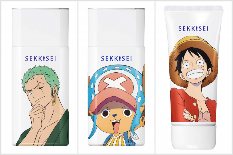 雪肌精輕水感 UV 防曬(航海王聯名版)SPF50+/PA++++ 60g / 750元(由左到右:索隆款 – 雪肌精輕水感 UV 防曬乳,喬巴款 – 雪肌精漾活低敏 UV 全效防禦乳,魯夫款-雪肌精輕水感UV防曬凝膠)(圖/品牌提供)