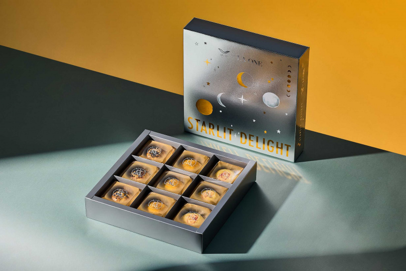 「椪見星光」禮盒內含「干貝菜脯綠豆椪」、「太妃松子綠豆椪」、「鹽之花菠蘿蛋黃酥」各3入。（1,120元，圖／LA ONE提供）