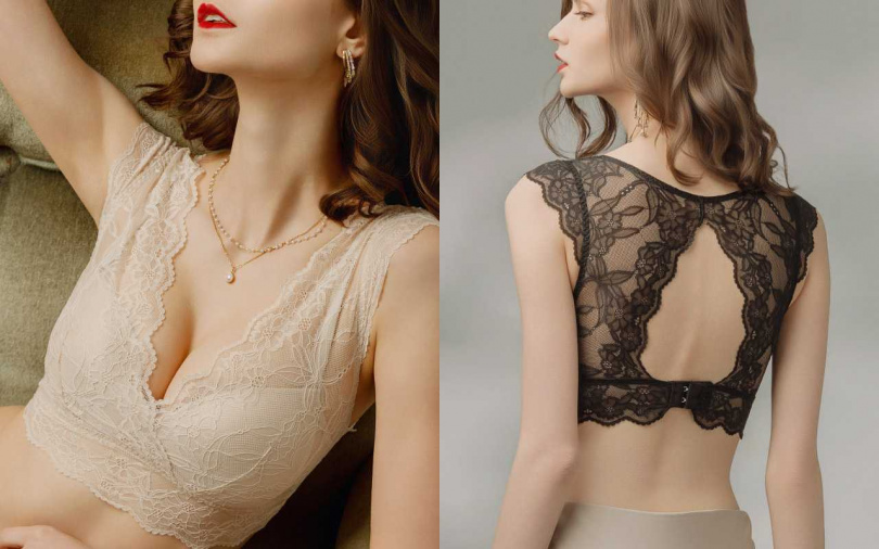 ▲「法式香頌緞語落肩蠶絲無鋼圈內衣」空氣感貼合舒適剪裁，透視鏤空美背，展現優雅迷人曲線。（SiOHER熹歐禾／官方提供）