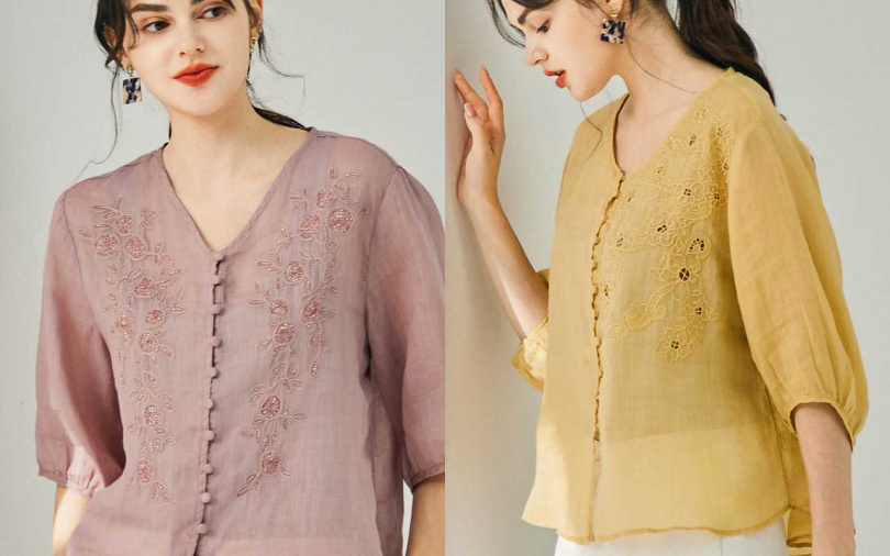 ▲「法式刺繡100%亞麻六分涼衫」輕盈透視、自帶光澤，散發飄逸仙氣。（SiOHER熹歐禾／官方提供）