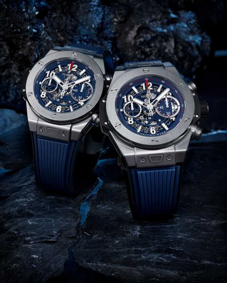 HUBLOT「Big Bang Unico」鈦金藍計時碼錶，鈦金屬錶殼，（左）42mm款、（右）44mm款╱586,000元。（圖╱HUBLOT提供）