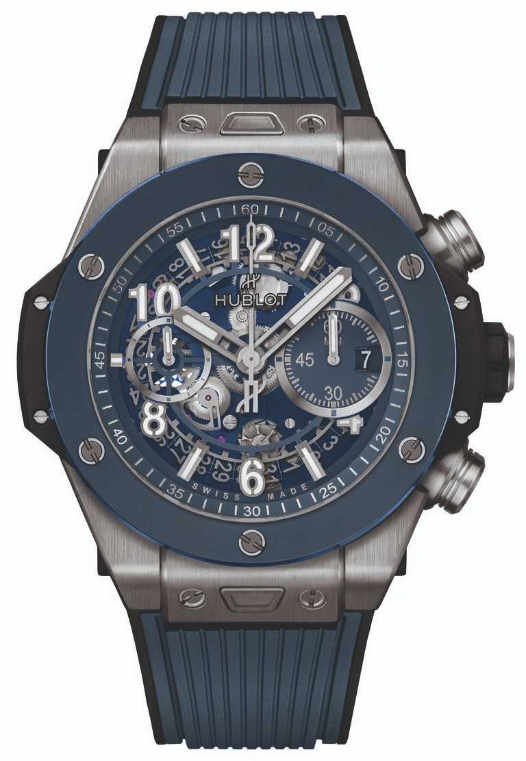 HUBLOT「Big Bang Unico」鈦金藍陶瓷計時碼錶，鈦金屬錶殼╱619,000元。（圖╱HUBLOT提供）