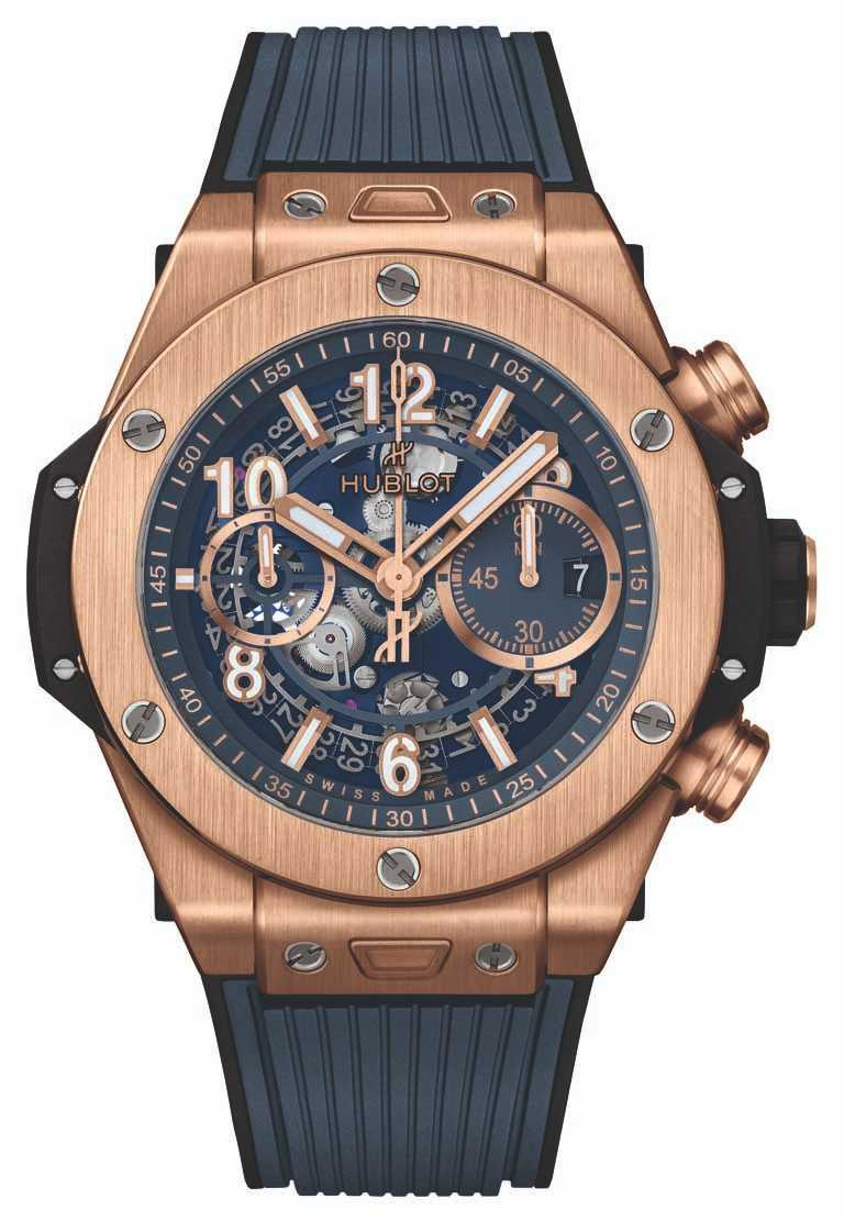 HUBLOT「Big Bang Unico」皇金藍計時碼錶，皇金錶殼╱1,240,000元。（圖╱HUBLOT提供）