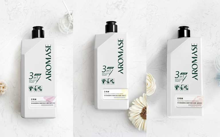 AROMASE艾瑪絲草本胺基酸每日健康洗髮沐浴露，分別有「沐癒天竺葵」、「暖陽玫瑰」、「甦醒純花」的三款香氣，售價為520ml／320元。（圖／品牌提供）