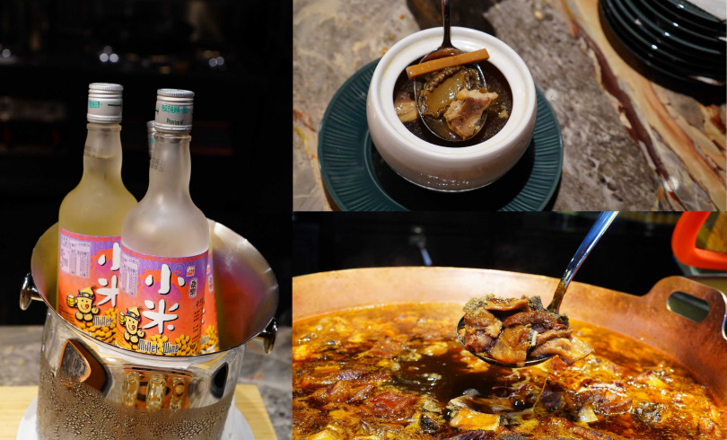 在「膳」餐檯除了可以喝到小米酒（左），還有濃郁入味的「魷魚螺肉蒜」（右上）與牛雜湯。