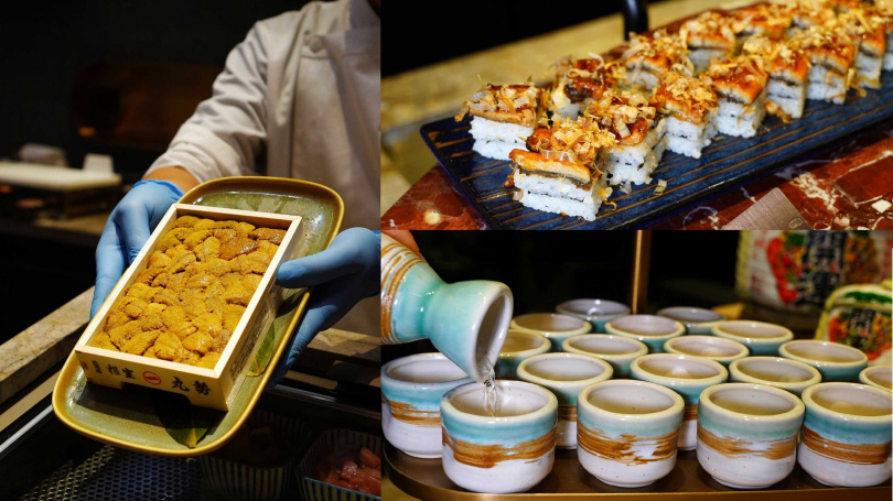現場會以日本海膽製作手捲（左），還有鰻魚箱壽司（右上）與佐餐清酒。