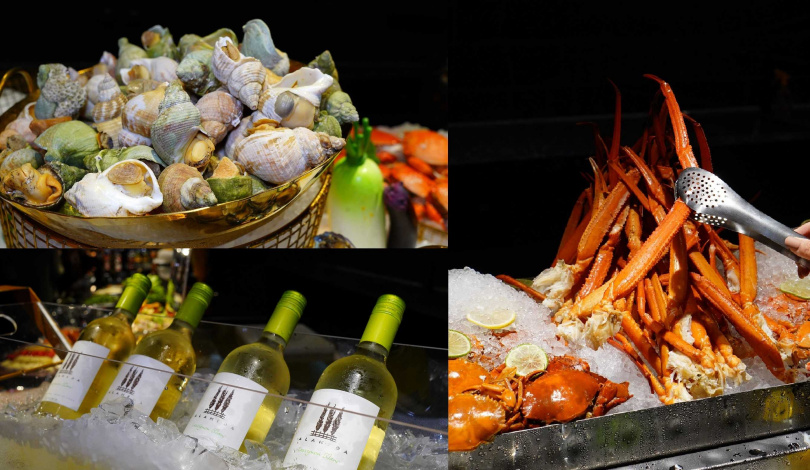 大啖法國海螺（左上）與冰鎮鱈場蟹腳（右）同時，還可以來杯白酒。