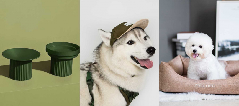 由左至右：purrre｜寵物碗（圖：Pinkoi）；SPUTNIK｜尼龍棒球帽；macarro｜棉麻布料寵物乳膠床。（圖／Pinkoi提供）