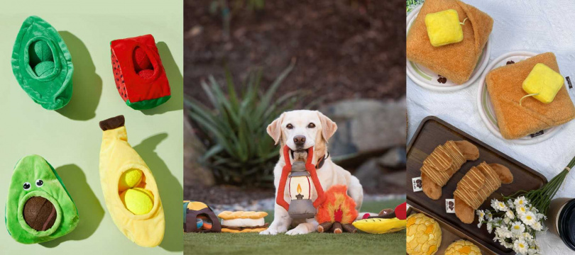由左至右：美好寵商｜Petsville蔬菜水果發聲玩具；PLAY寵物生活館｜科爾賓露營玩具組；PP Lab｜西多士藏食玩具套裝。（圖／Pinkoi提供）