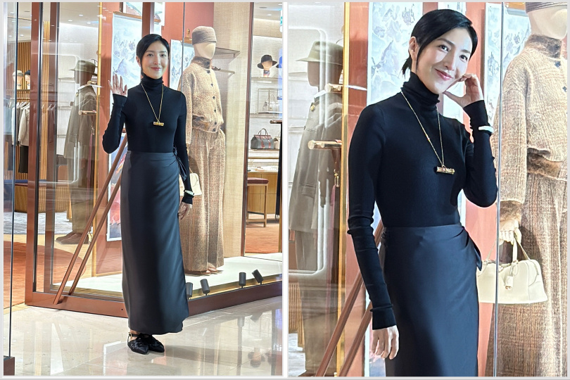 楊謹華身穿 Loro Piana Lyskamm 絲質高領連身衣，搭配 Corina 絲質裙與 Silene 緞面平底涼鞋，展現柔美氣質。（圖／黃筱婷攝）