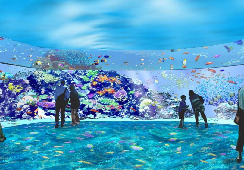 「珊瑚潛行」以180度環景設計，結合光影帶領遊客進入絢爛的珊瑚之海。